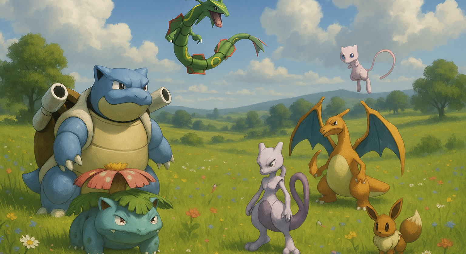 Put charizard on the right side behind mewtwo, facing blastoise. Put Rayquaza above in the middle